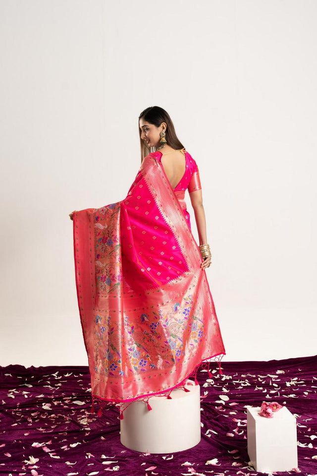Pink Floral Woven Banarasi Silk Saree (ACA6839)