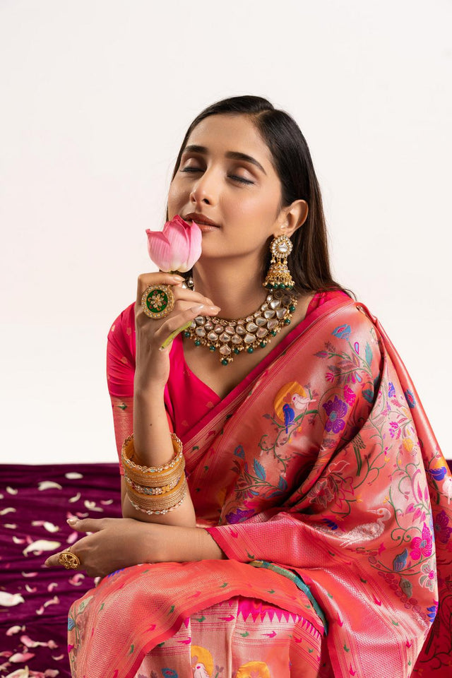 Pink Floral Woven Banarasi Silk Saree (ACA6839)