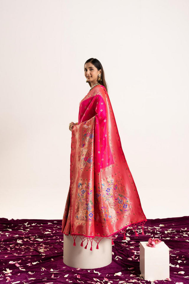 Pink Floral Woven Banarasi Silk Saree (ACA6839)