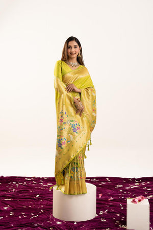 Green Floral Woven Banarasi Silk Saree (ACA6840)