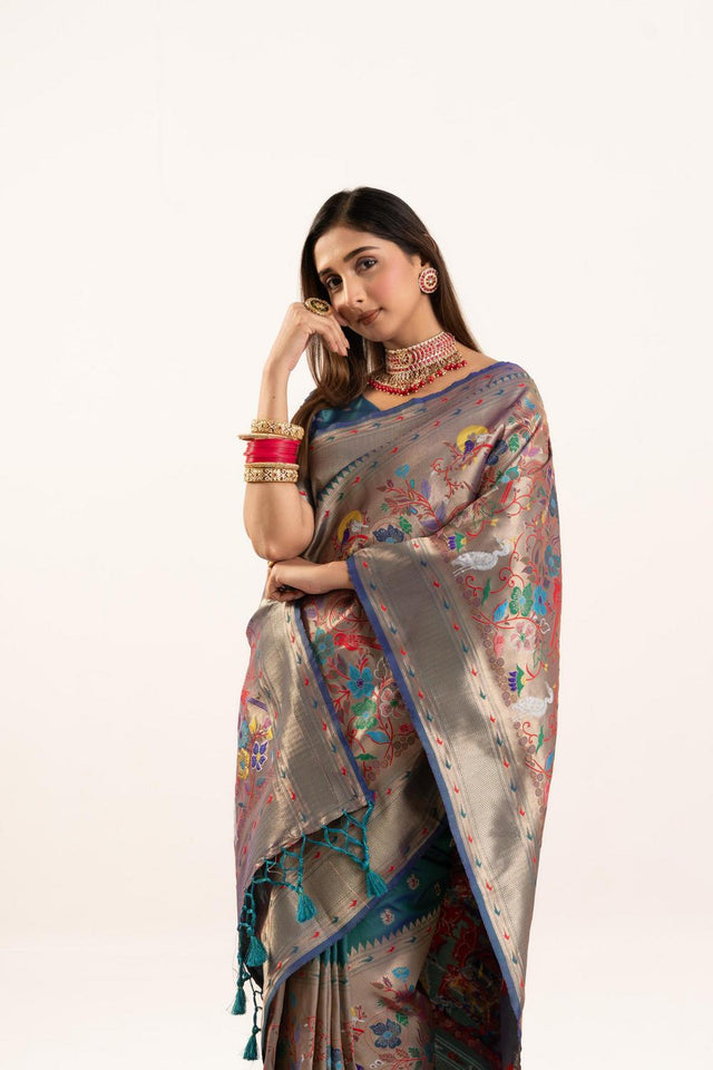 Turquoise Floral Woven Banarasi Silk Saree (ACA6841)