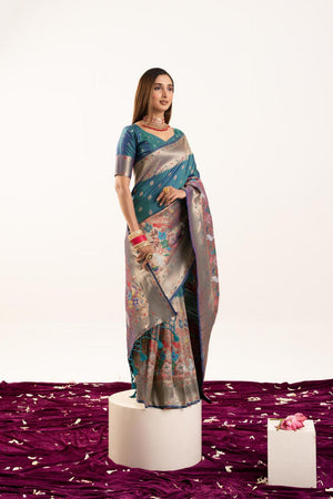 Turquoise Floral Woven Banarasi Silk Saree (ACA6841)