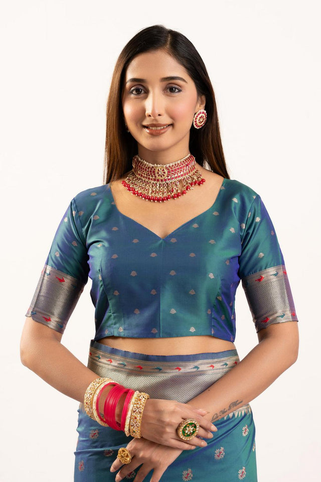 Turquoise Floral Woven Banarasi Silk Saree (ACA6841)