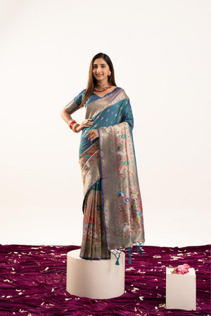 Turquoise Floral Woven Banarasi Silk Saree (ACA6841)