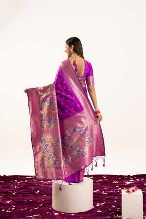 Wine Floral Woven Banarasi Silk Saree (ACA6842)