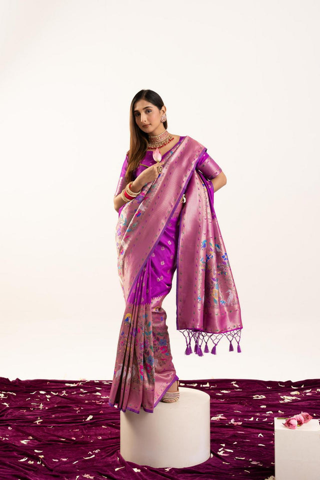 Wine Floral Woven Banarasi Silk Saree (ACA6842)