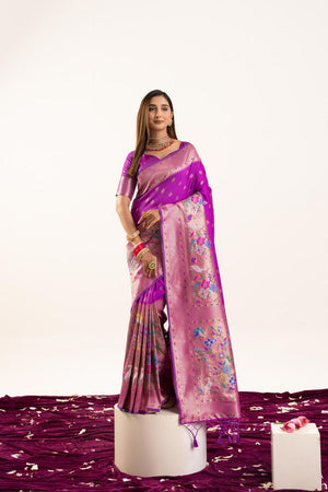 Wine Floral Woven Banarasi Silk Saree (ACA6842)