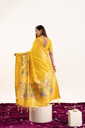 Yellow Floral Woven Banarasi Silk Saree (ACA6843)