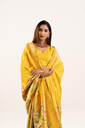 Yellow Floral Woven Banarasi Silk Saree (ACA6843)