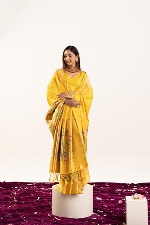 Yellow Floral Woven Banarasi Silk Saree (ACA6843)