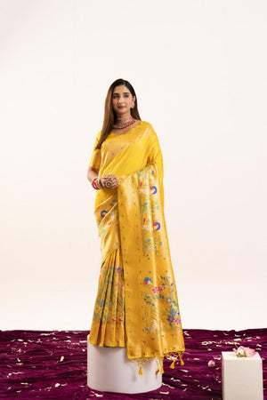 Yellow Floral Woven Banarasi Silk Saree (ACA6843)