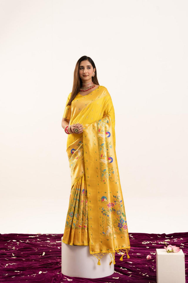 Yellow Floral Woven Banarasi Silk Saree (ACA6843)