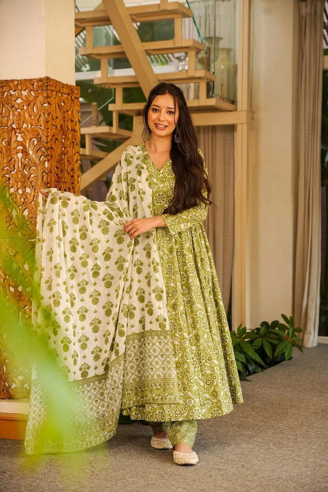 Green Floral Printed Cotton Blend Anarkali Suits (ACA6848)