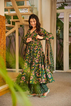 Green Floral Printed Cotton Blend Anarkali Suits (ACA6849)