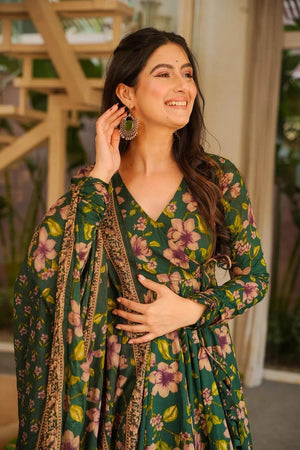 Green Floral Printed Cotton Blend Anarkali Suits (ACA6849)