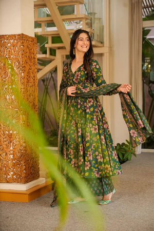 Green Floral Printed Cotton Blend Anarkali Suits (ACA6849)
