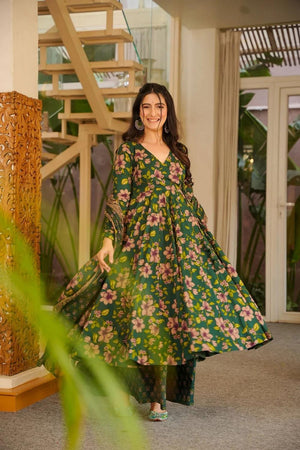 Green Floral Printed Cotton Blend Anarkali Suits (ACA6849)