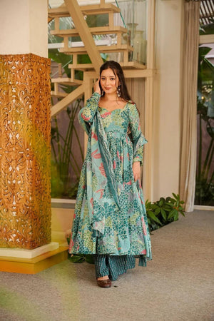 Blue Floral Printed Cotton Blend Anarkali Suits (ACA6850)