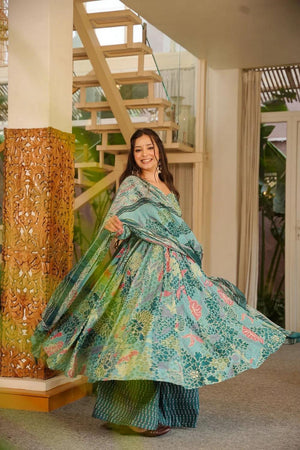 Blue Floral Printed Cotton Blend Anarkali Suits (ACA6850)