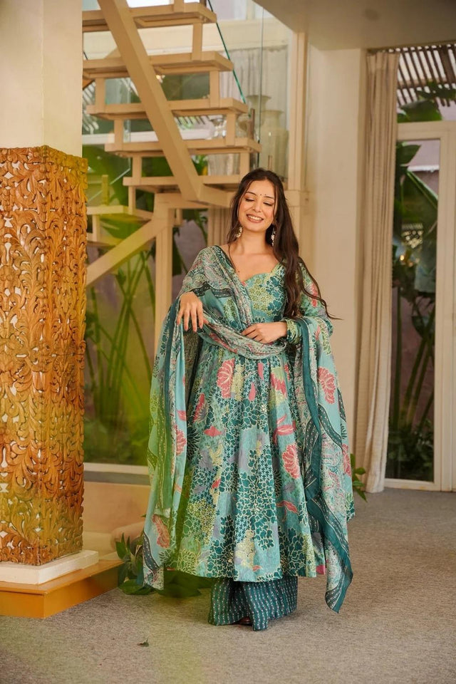 Blue Floral Printed Cotton Blend Anarkali Suits (ACA6850)