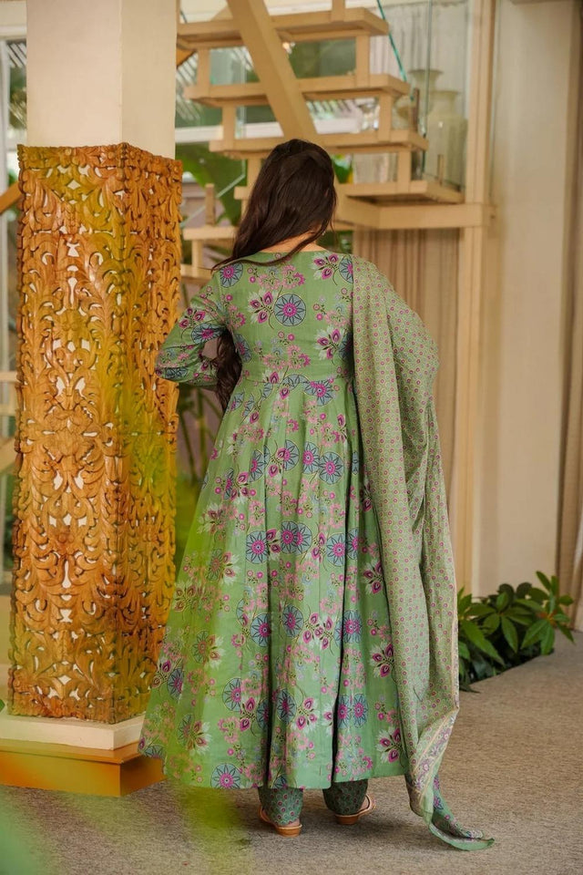 Green Floral Printed Cotton Blend Anarkali Suits (ACA6851)