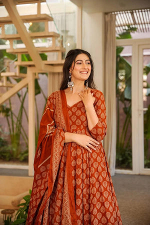 Rust Printed Cotton Blend Anarkali Suits (ACA6852)
