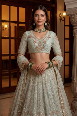 Blue Sequin with Floral Embroidered Net Lehenga (ACA6853)