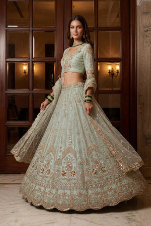 Blue Sequin with Floral Embroidered Net Lehenga (ACA6853)
