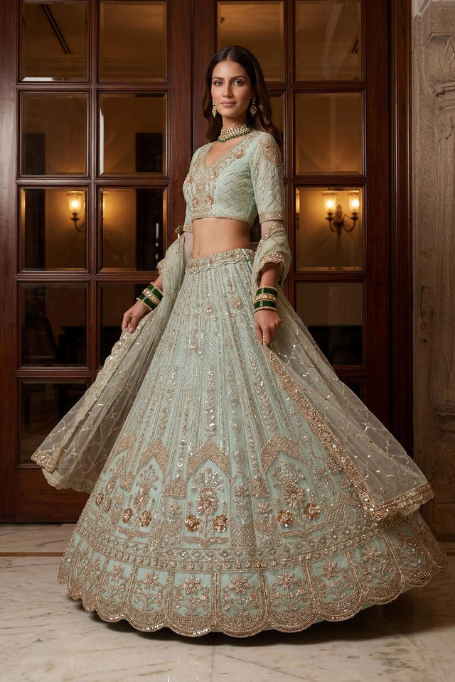 Blue Sequin with Floral Embroidered Net Lehenga (ACA6853)