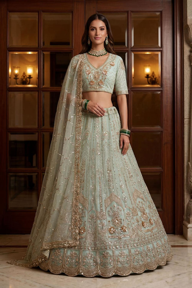 Blue Sequin with Floral Embroidered Net Lehenga (ACA6853)