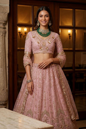 Pink Sequin with Floral Embroidered Net Lehenga (ACA6854)