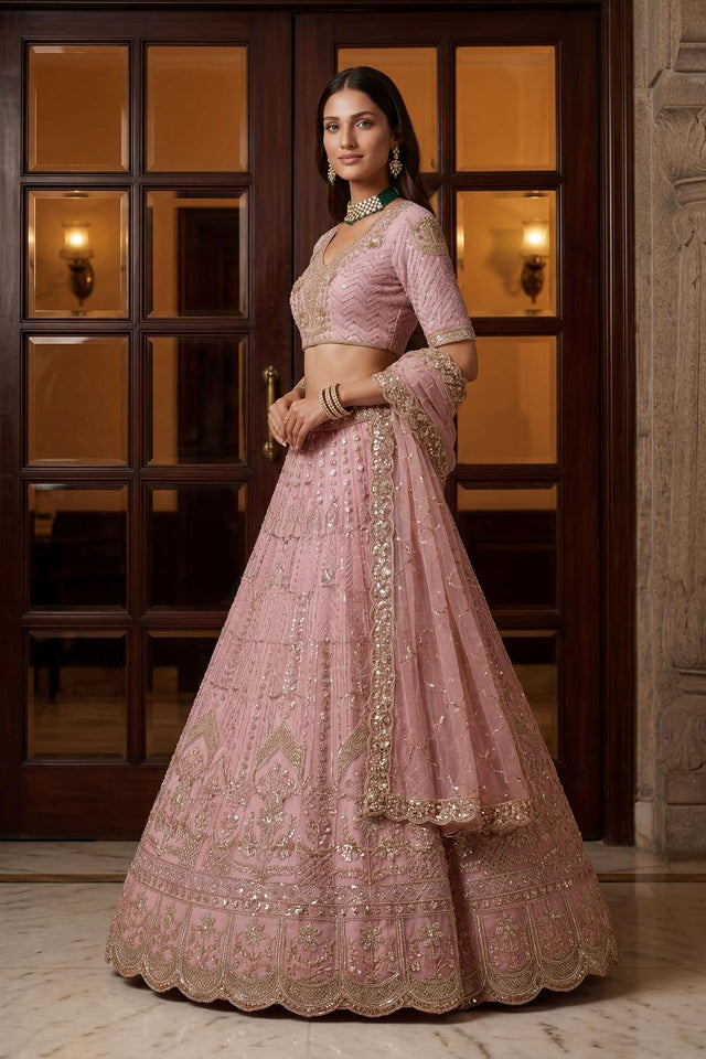 Pink Sequin with Floral Embroidered Net Lehenga (ACA6854)