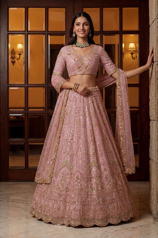 Pink Sequin with Floral Embroidered Net Lehenga (ACA6854)