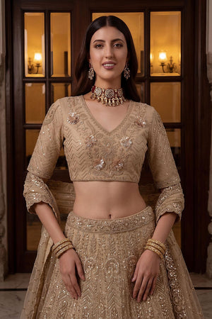 Gold Sequin with Floral Embroidered Net Lehenga (ACA6855)