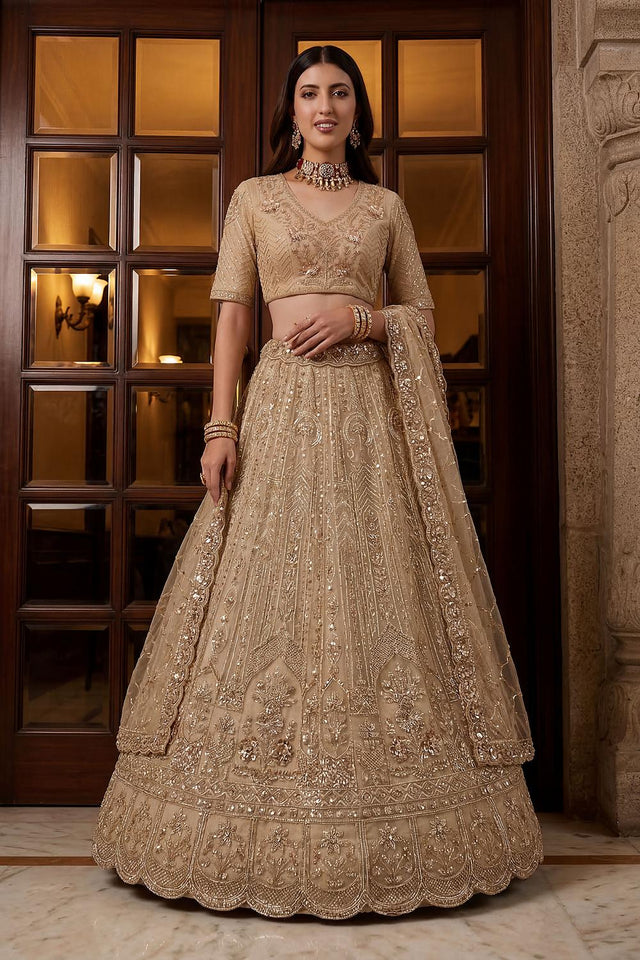 Gold Sequin with Floral Embroidered Net Lehenga (ACA6855)