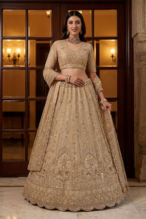 Gold Sequin with Floral Embroidered Net Lehenga (ACA6855)