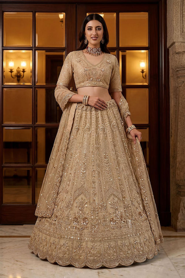 Gold Sequin with Floral Embroidered Net Lehenga (ACA6855)
