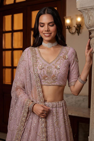 Lavender Sequin with Floral Embroidered Net Lehenga (ACA6856)