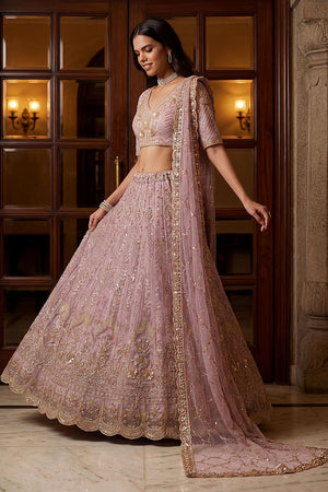 Lavender Sequin with Floral Embroidered Net Lehenga (ACA6856)