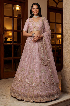 Lavender Sequin with Floral Embroidered Net Lehenga (ACA6856)