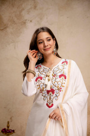 Off White Floral Embroidered Silk Kurti Pant Set (ACA6863)