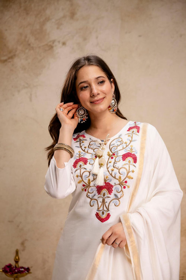 Off White Floral Embroidered Silk Kurti Pant Set (ACA6863)