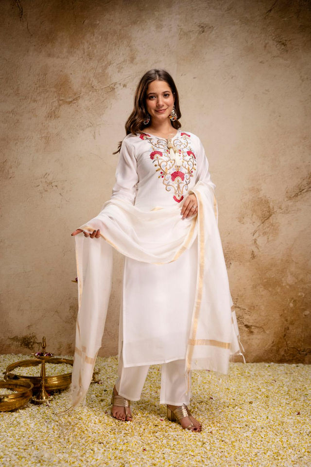 Off White Floral Embroidered Silk Kurti Pant Set (ACA6863)