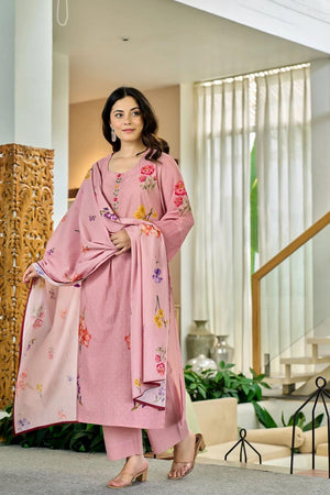 Pink Floral Printed Chanderi Kurti Pant Set (ACA6864)