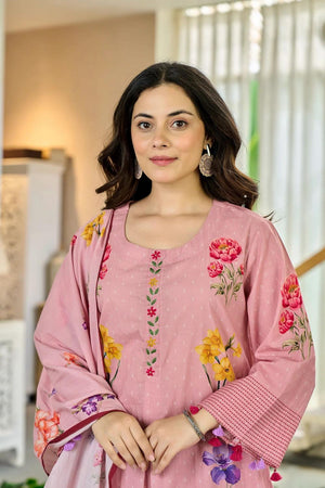 Pink Floral Printed Chanderi Kurti Pant Set (ACA6864)