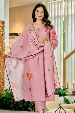 Pink Floral Printed Chanderi Kurti Pant Set (ACA6864)