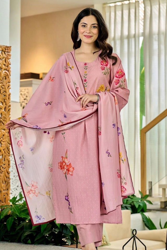 Pink Floral Printed Chanderi Kurti Pant Set (ACA6864)