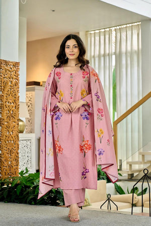Pink Floral Printed Chanderi Kurti Pant Set (ACA6864)
