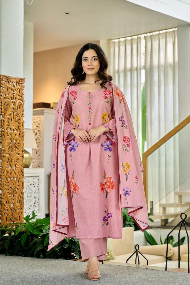 Pink Floral Printed Chanderi Kurti Pant Set (ACA6864)