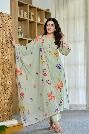 Green Floral Printed Chanderi Kurti Pant Set (ACA6865)